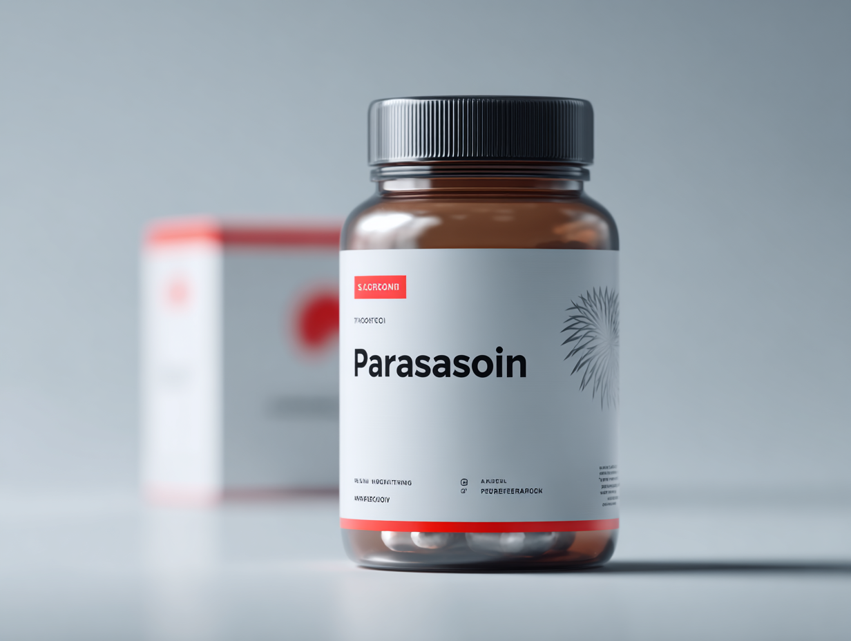 Parasasoin természetes formula kapszulák csomagolása semleges háttéren, parazita elleni védelem és szervezet tisztítás céljából